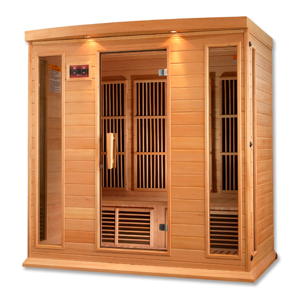 Wooden infrared sauna with glass doors on a white background