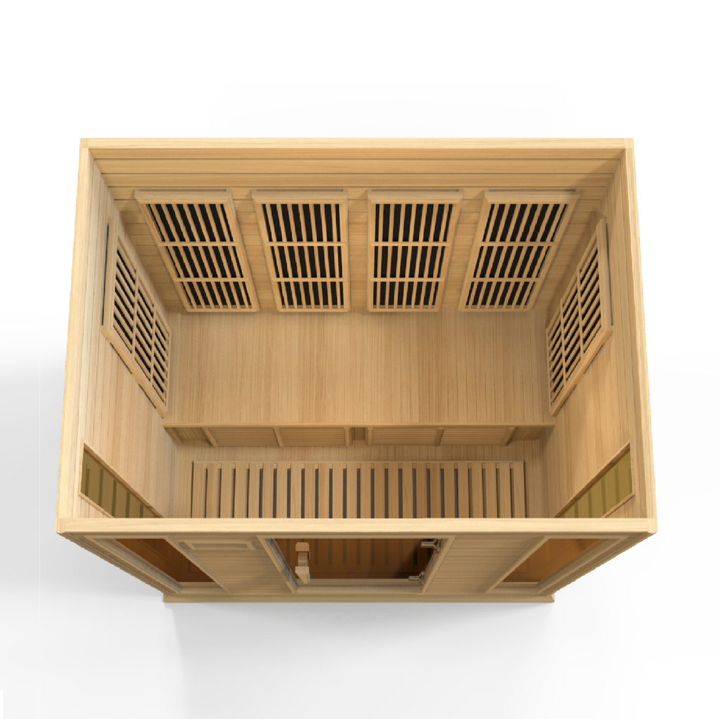 Wooden sauna with grid design on a white background