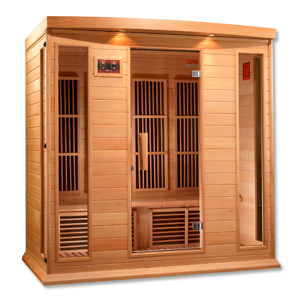 Wooden sauna with glass door on a white background
