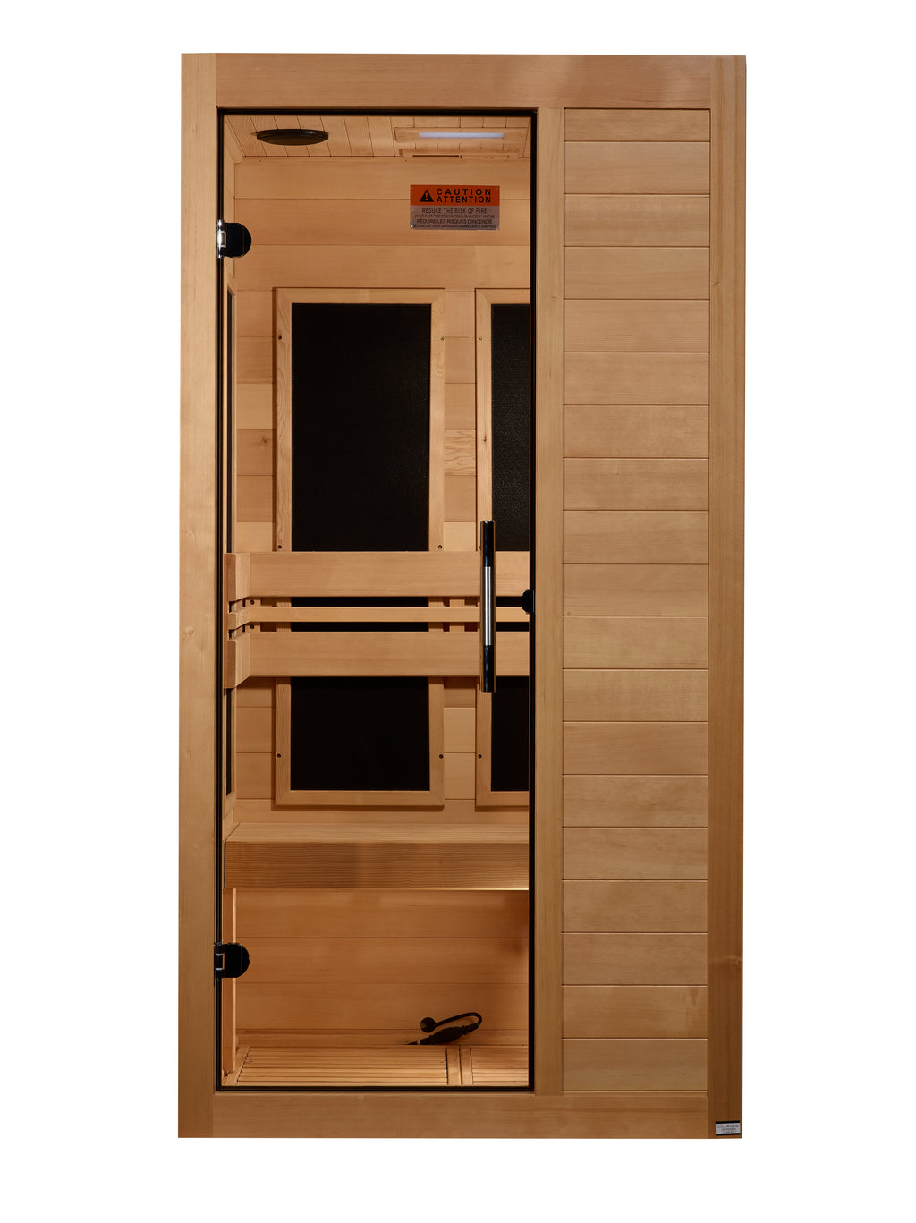 Wooden sauna door with a clear glass panel on a white background