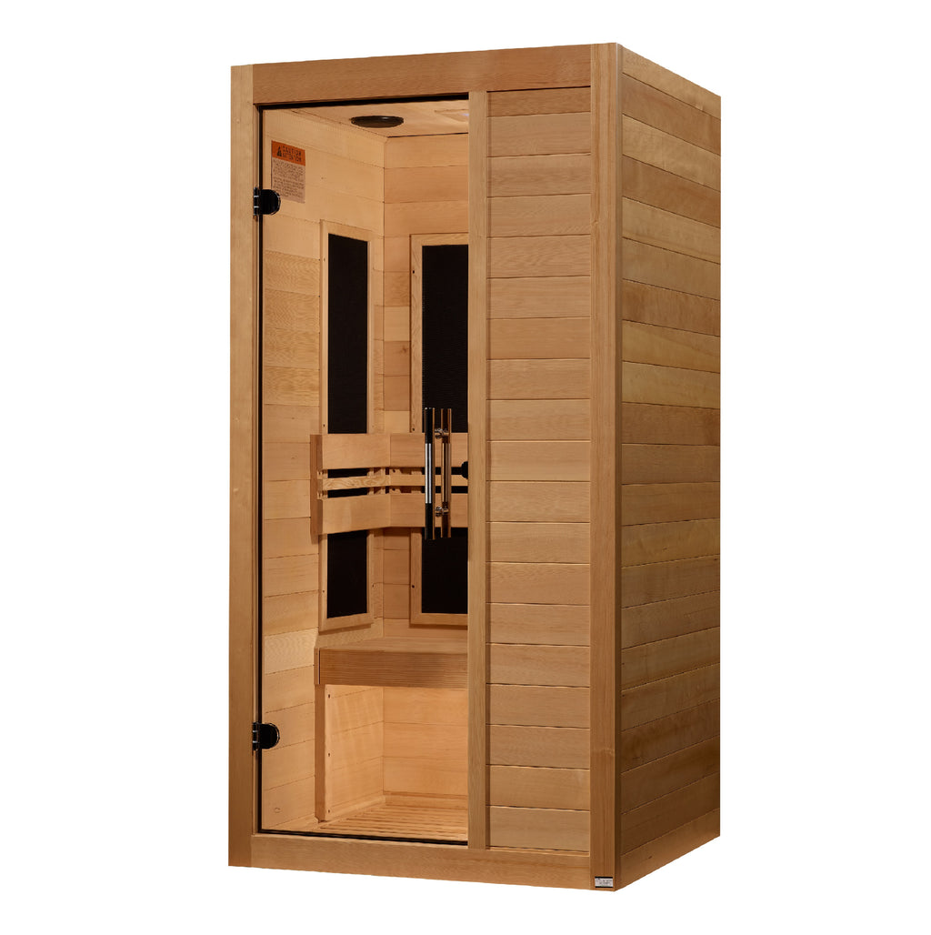 Wooden sauna with glass door on a white background