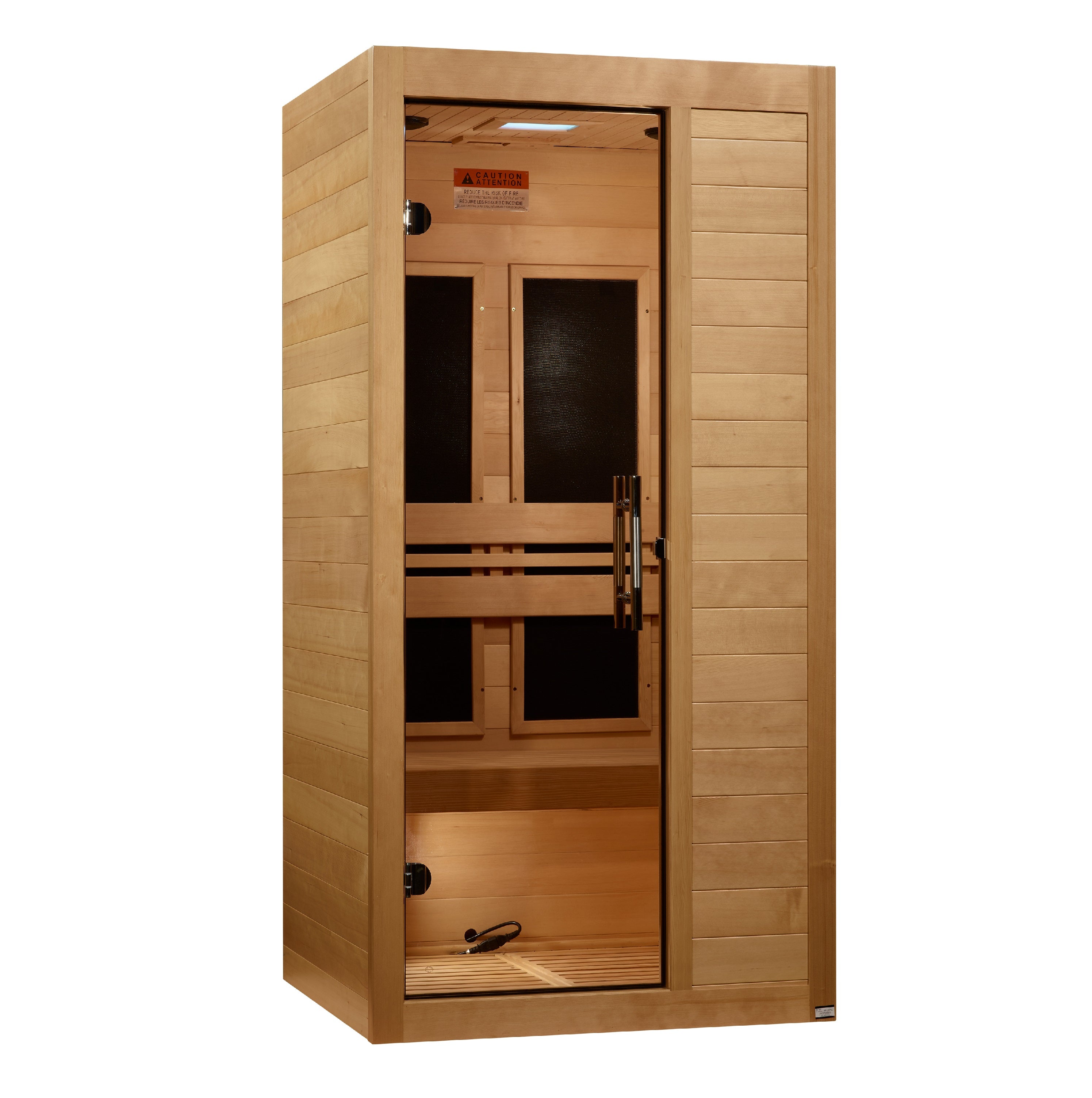Wooden sauna with glass door on a white background