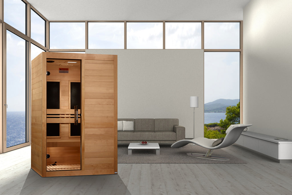 Wooden sauna in a modern living room with large windows and a view of the ocean.
