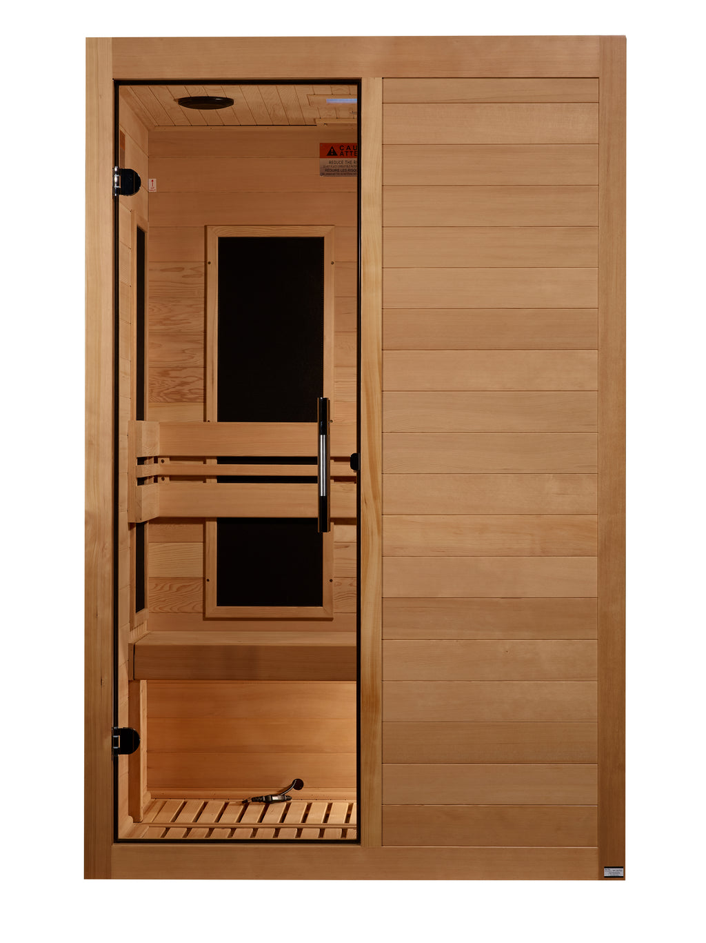 Wooden sauna with open door on a white background