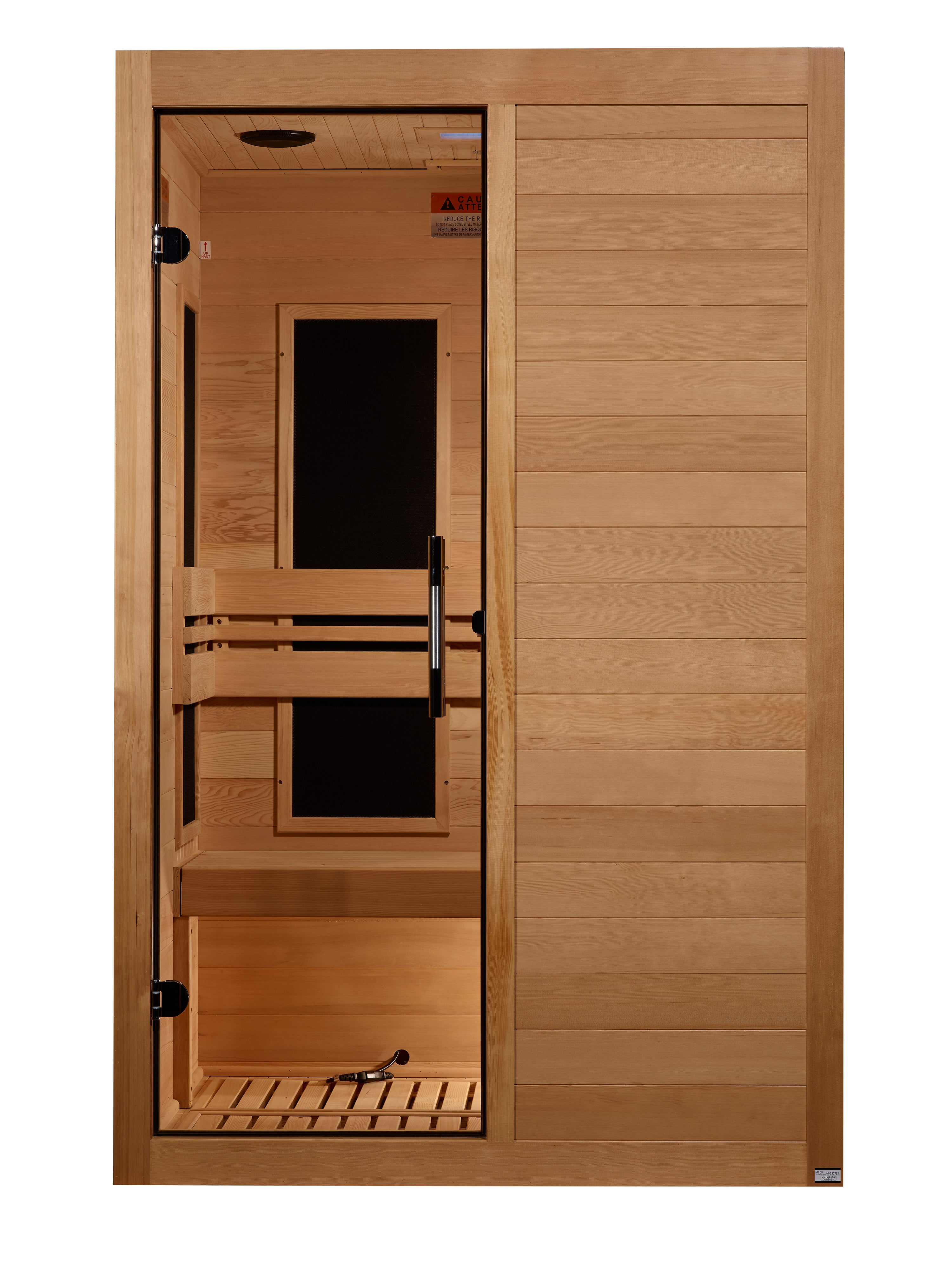 Wooden sauna with open door on a white background