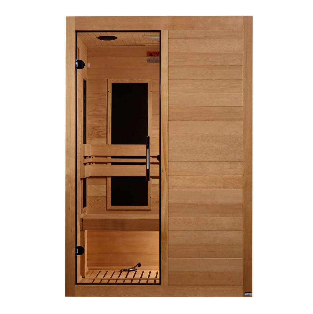 Wooden sauna with open door on a white background