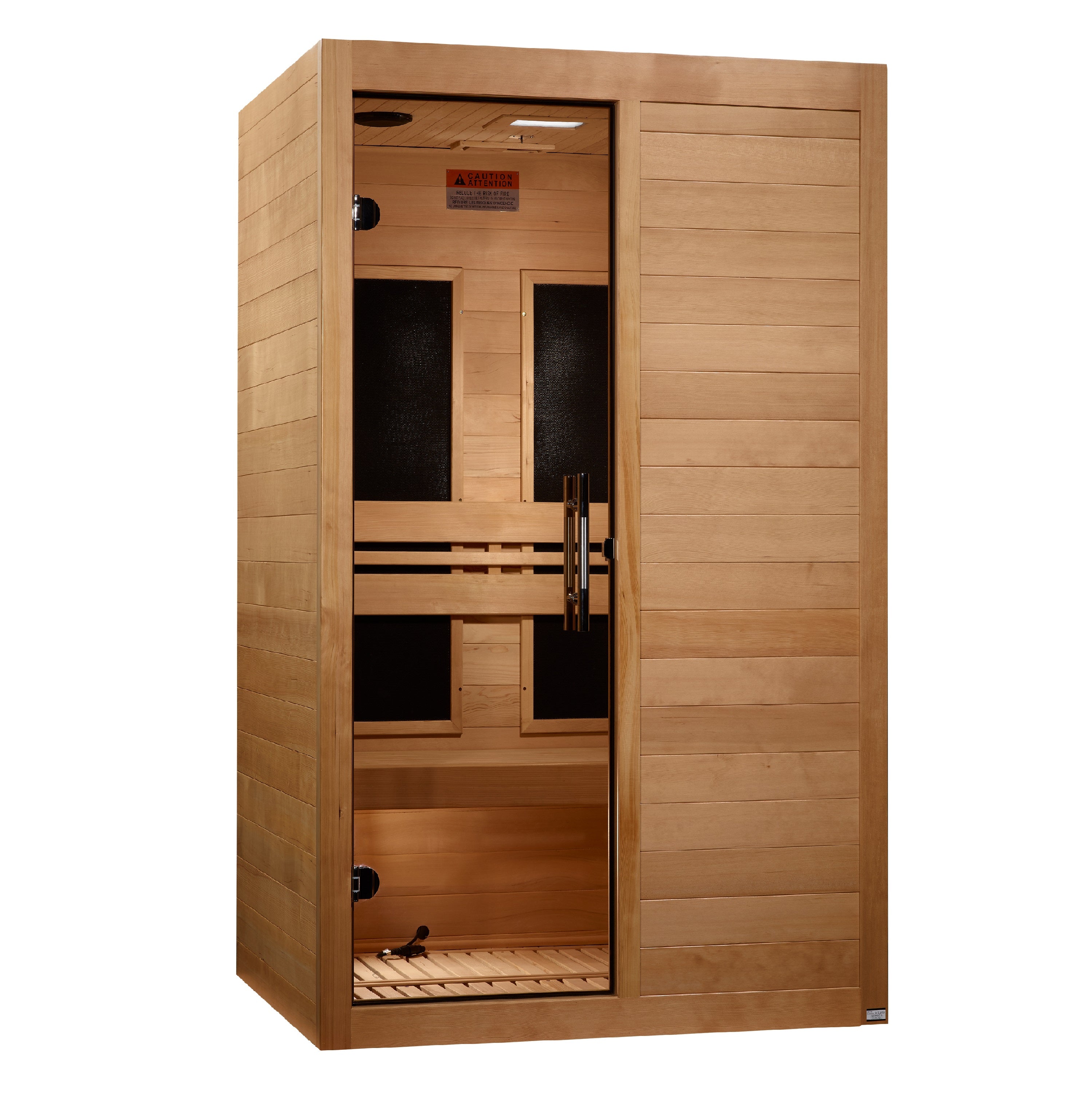 Wooden sauna with open door on a white background