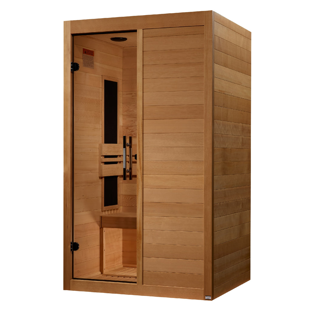 Wooden sauna with sliding door on a white background