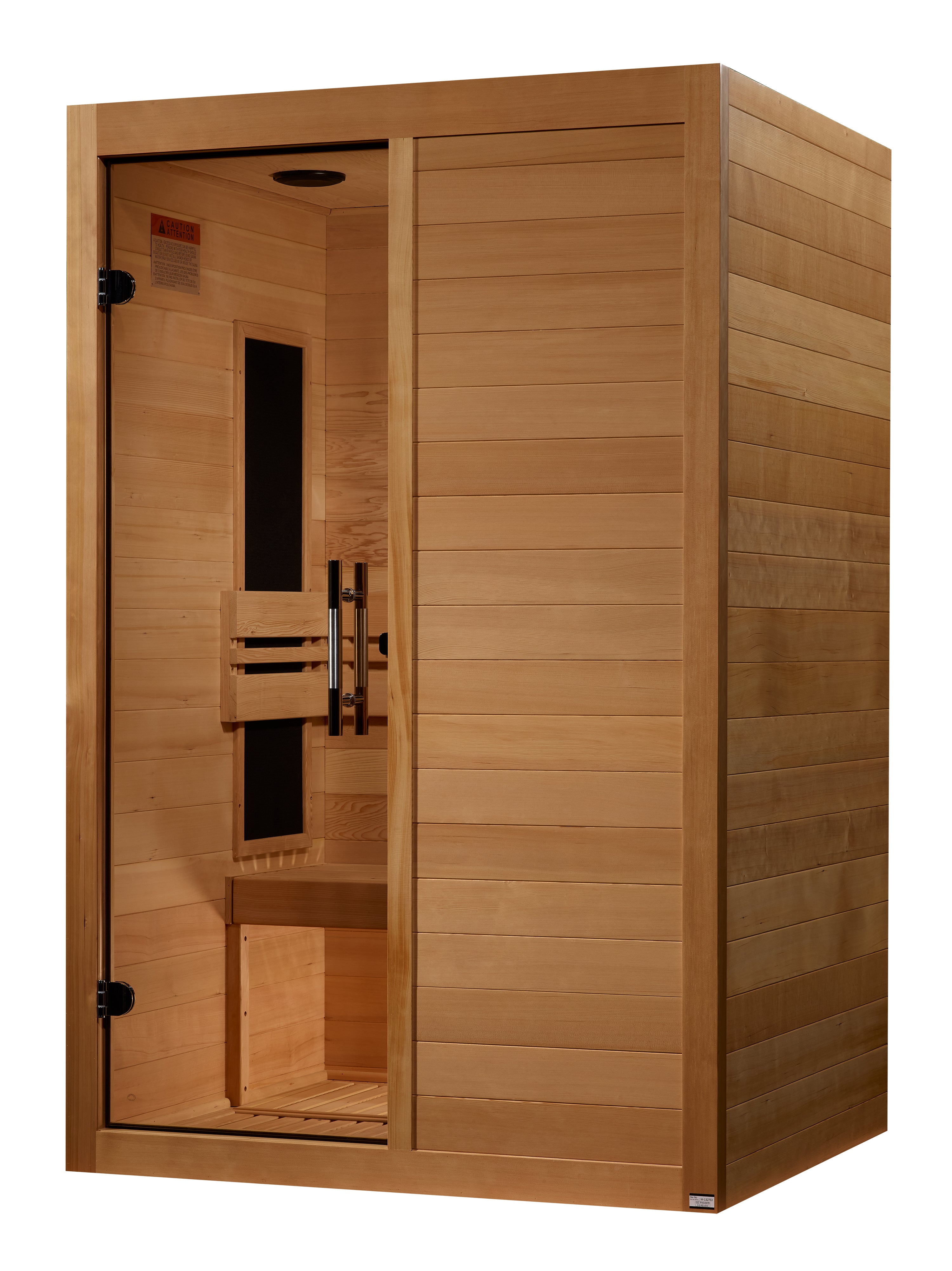 Wooden sauna with glass door on a white background