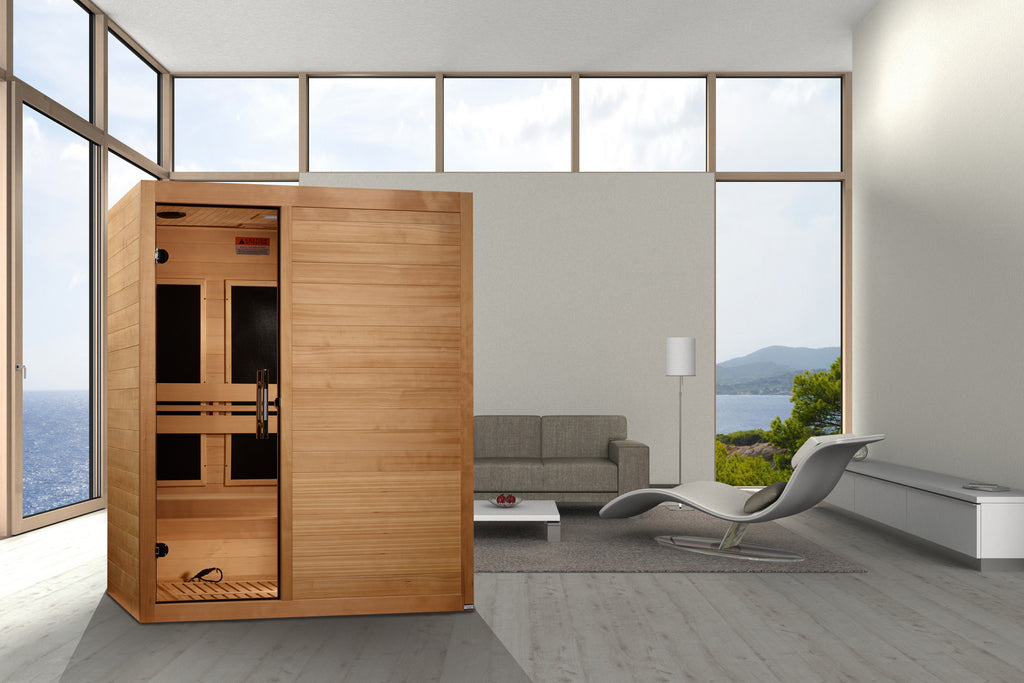 Wooden sauna in a modern living room with large windows and a view of the ocean.