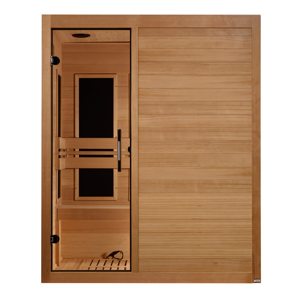 Wooden door with a glass panel on a white background