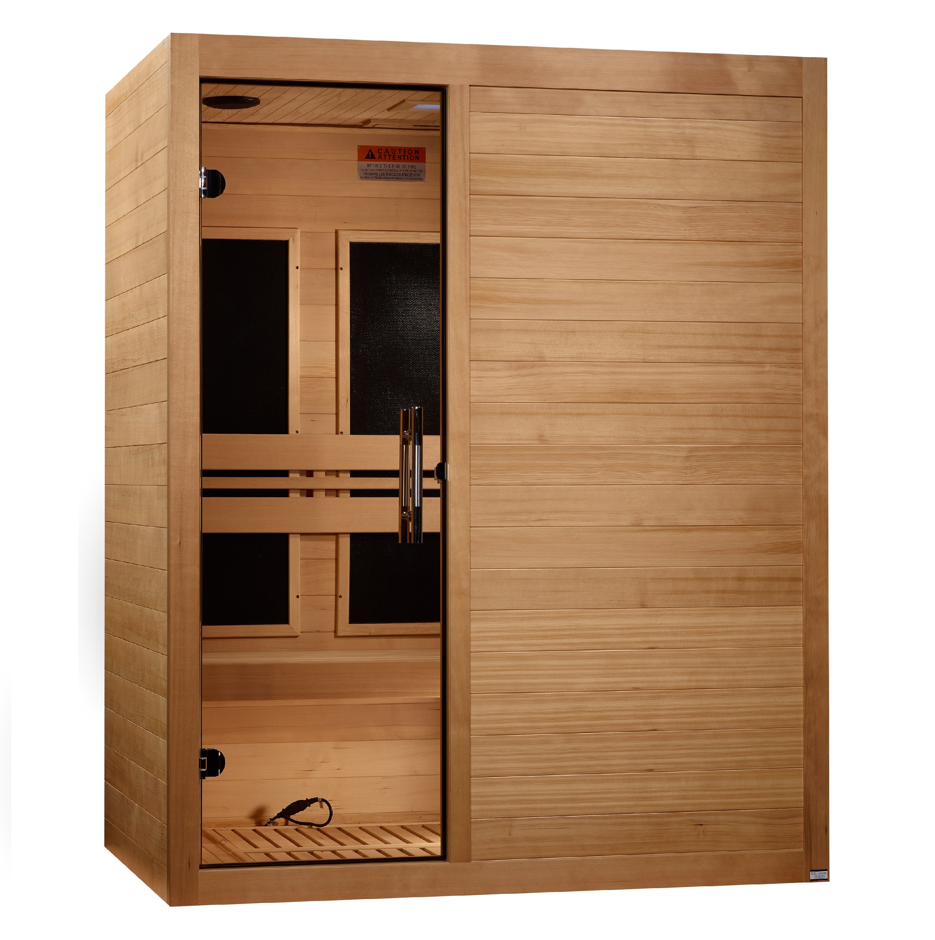 Wooden sauna with sliding door on a white background
