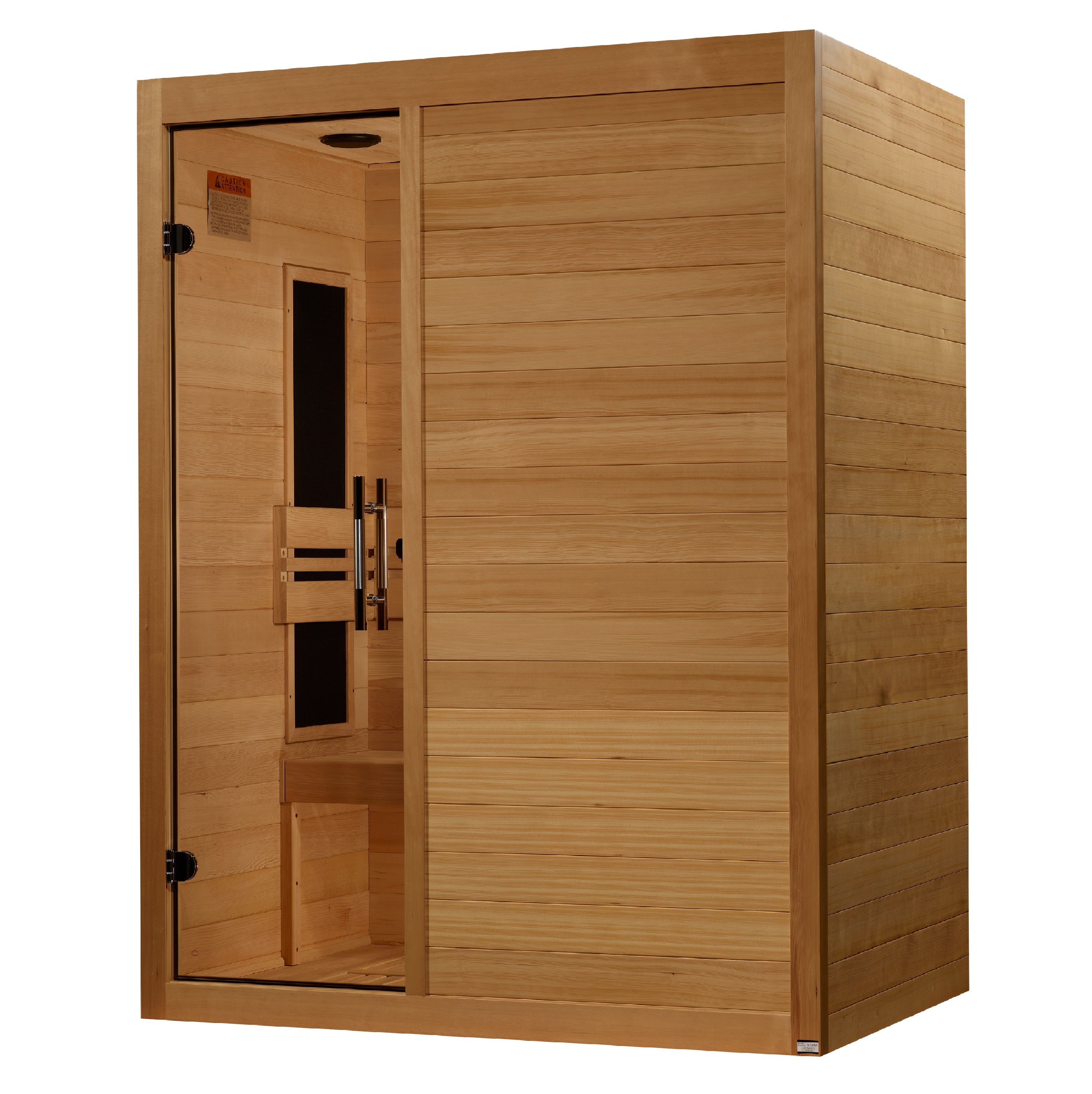 Wooden sauna with open door on a white background