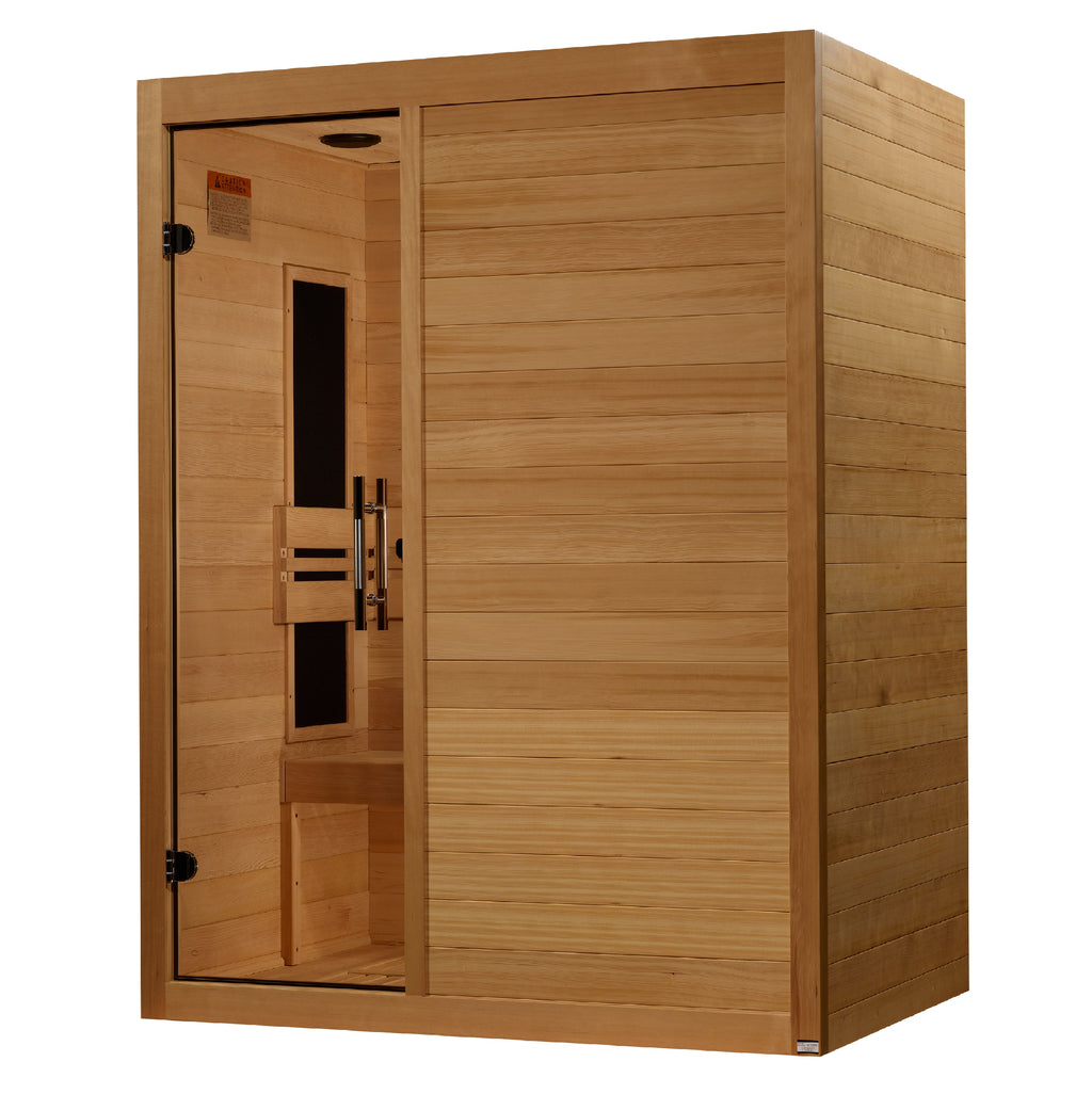 Wooden sauna with open door on a white background