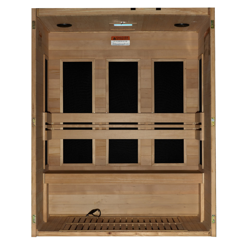 Wooden sauna with four black panels on a white background