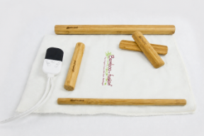 Set of bamboo tools with a branded pouch on a white background