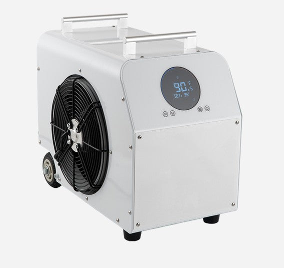 White chiller unit with digital display on a white background