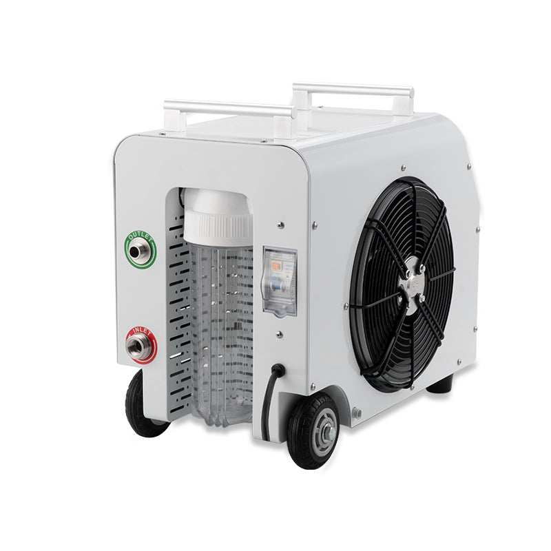 White industrial chiller unit with fan and control panel on a white background