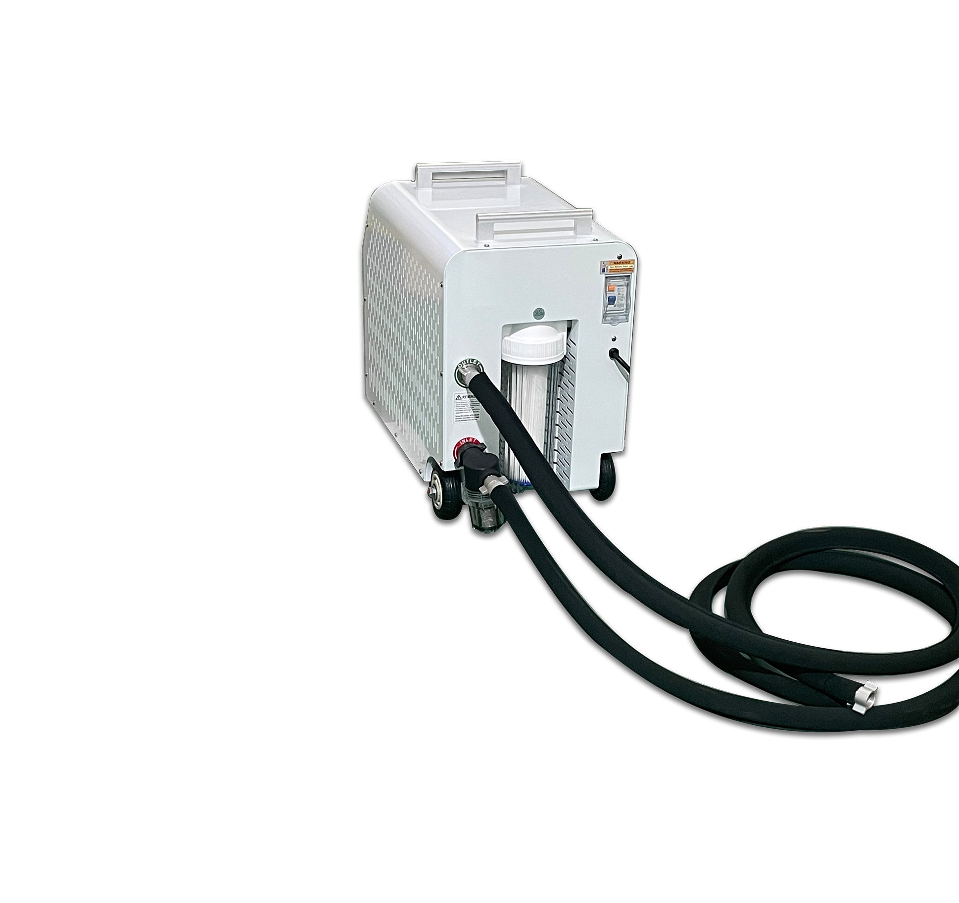 White chiller machine with black hose on a white background