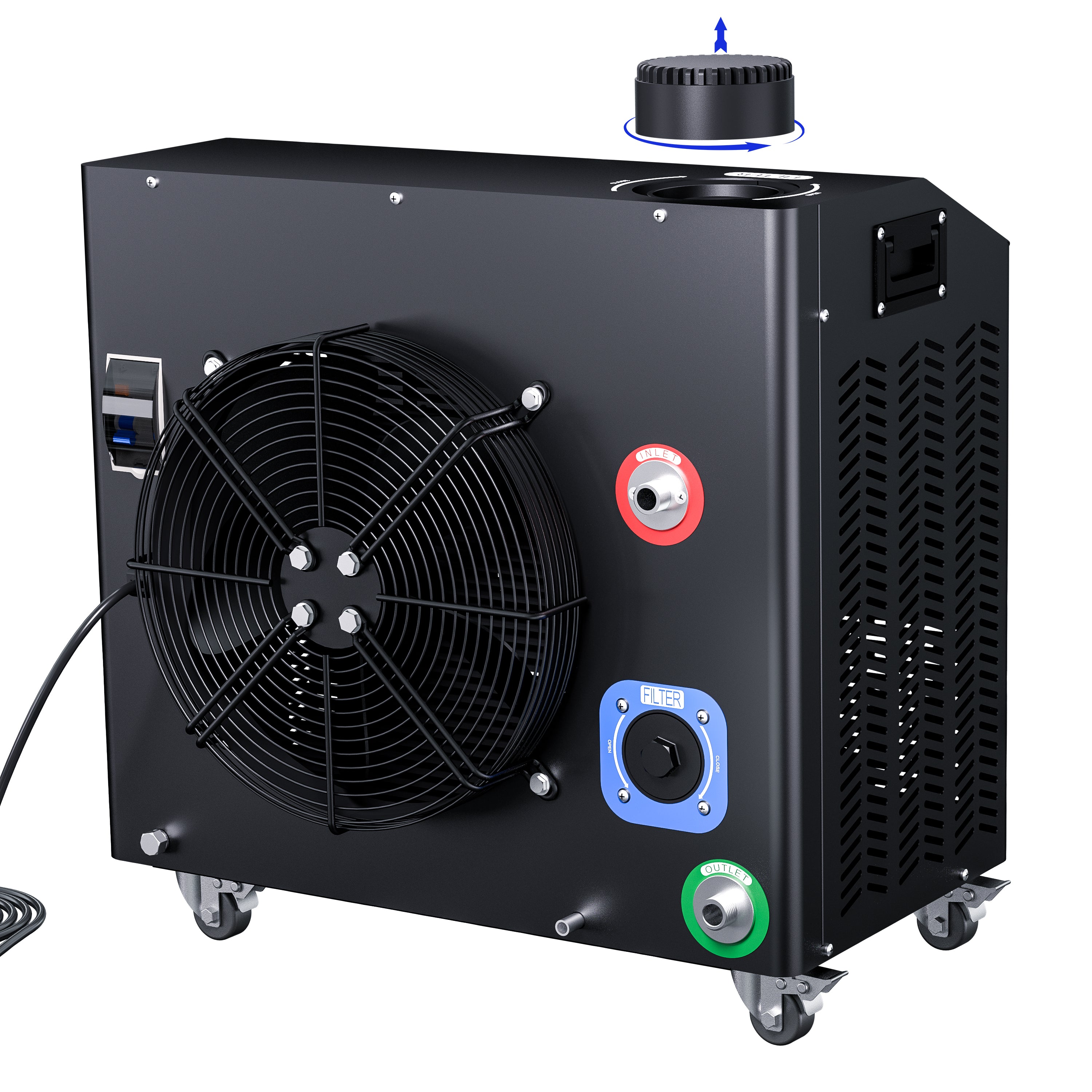 Black industrial cooler with fan and control buttons on a white background