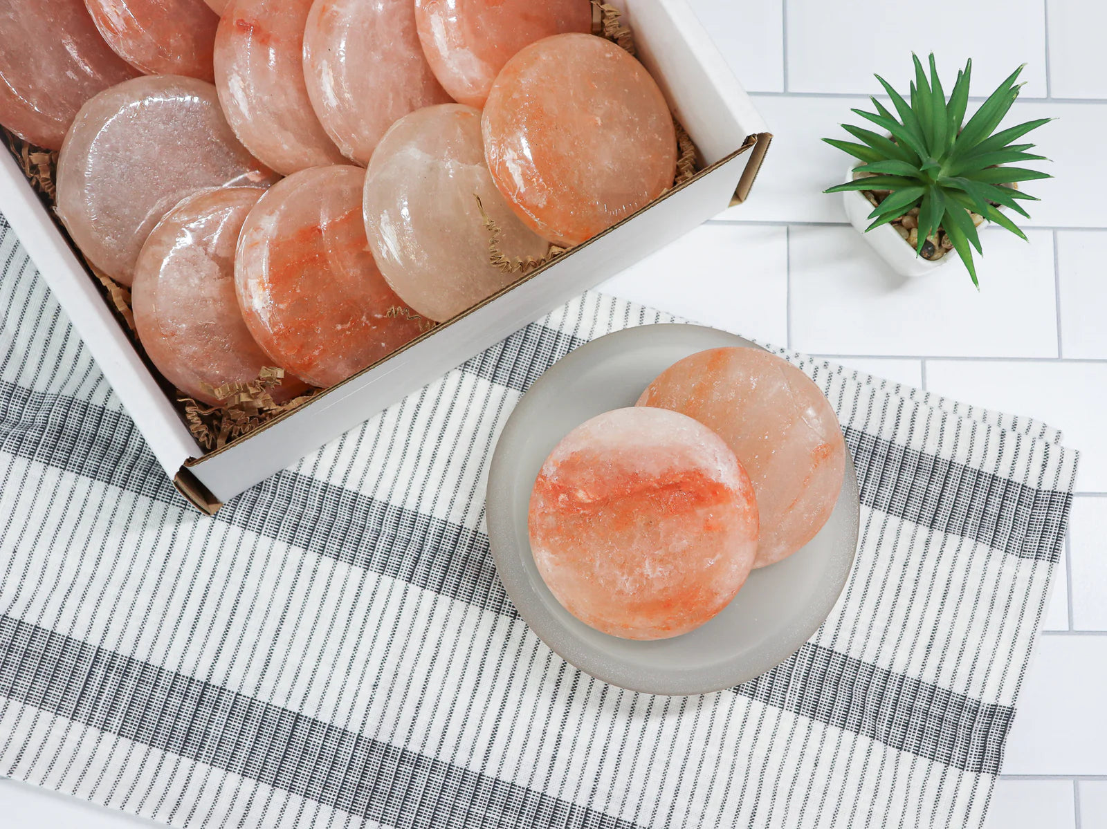 Himalayan salt rocks in a box and on a plate with a plant in the background