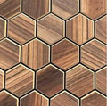 Hexagonal wooden tiles with a brown and beige pattern