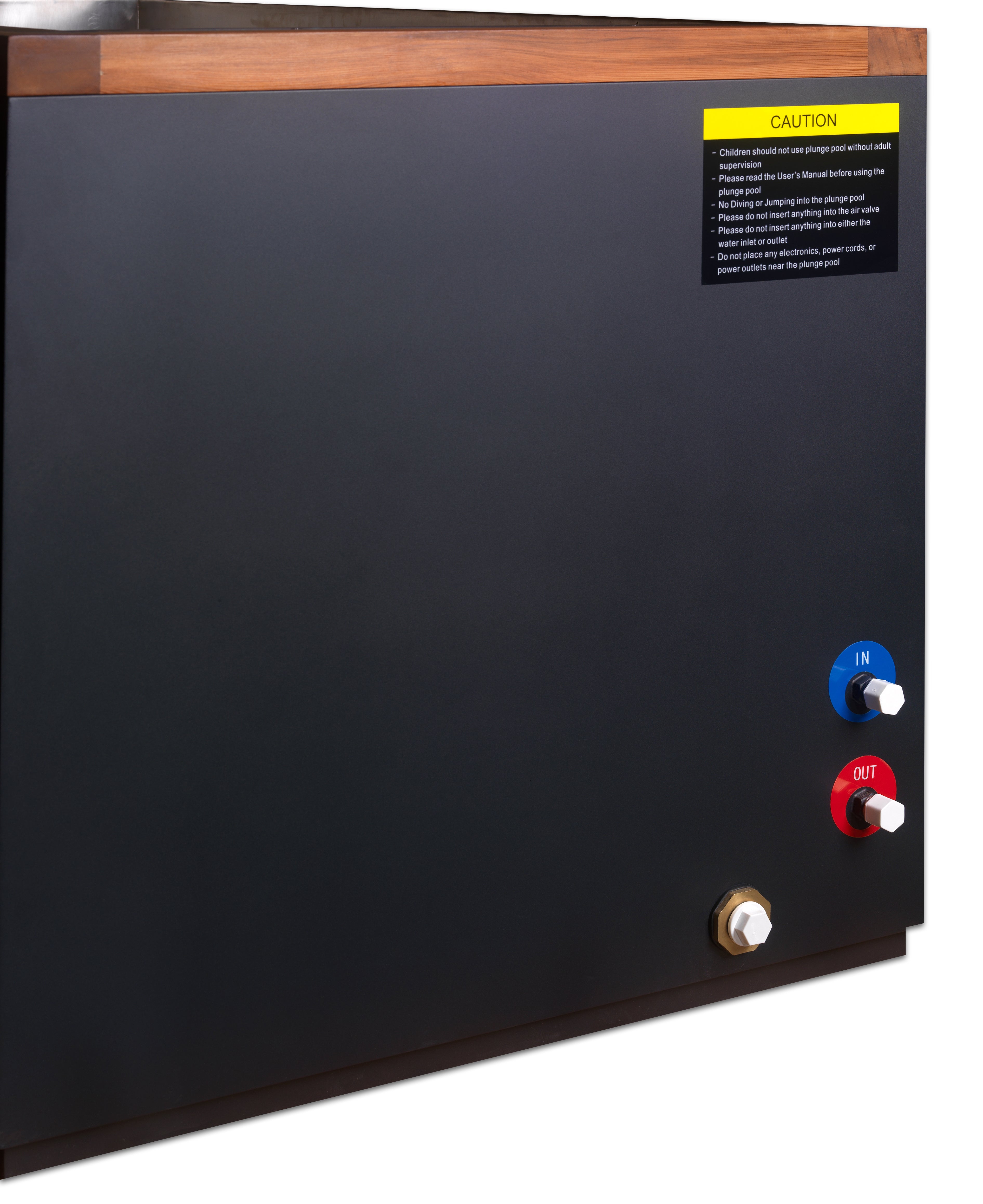 Black appliance with control knobs and a caution label on a white background