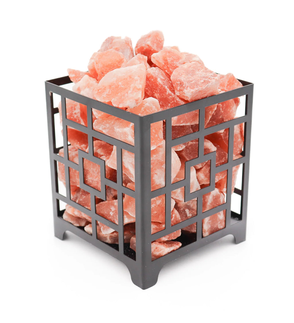 square salt lamp with loose salt chunks
