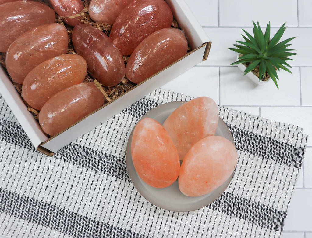 Himalayan salt rocks in a box and on a plate with a plant in the background