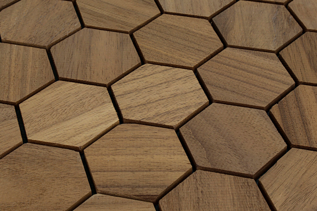 Hexagonal wooden tiles arranged in a pattern