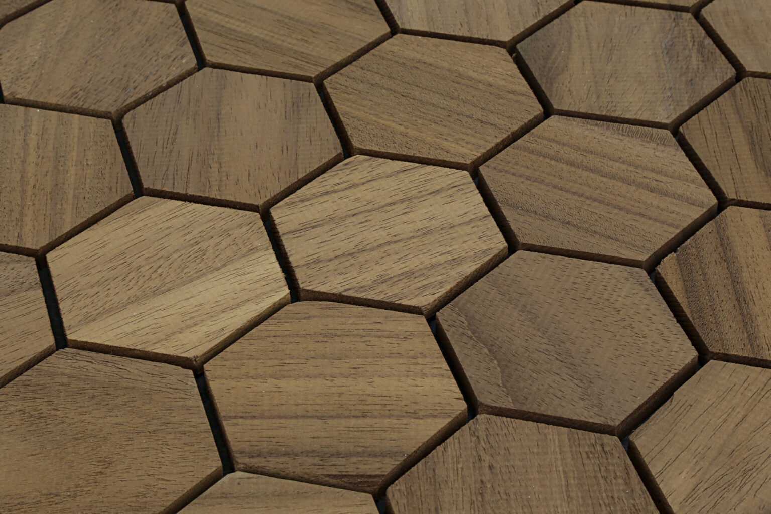 Hexagonal wooden tiles arranged in a pattern