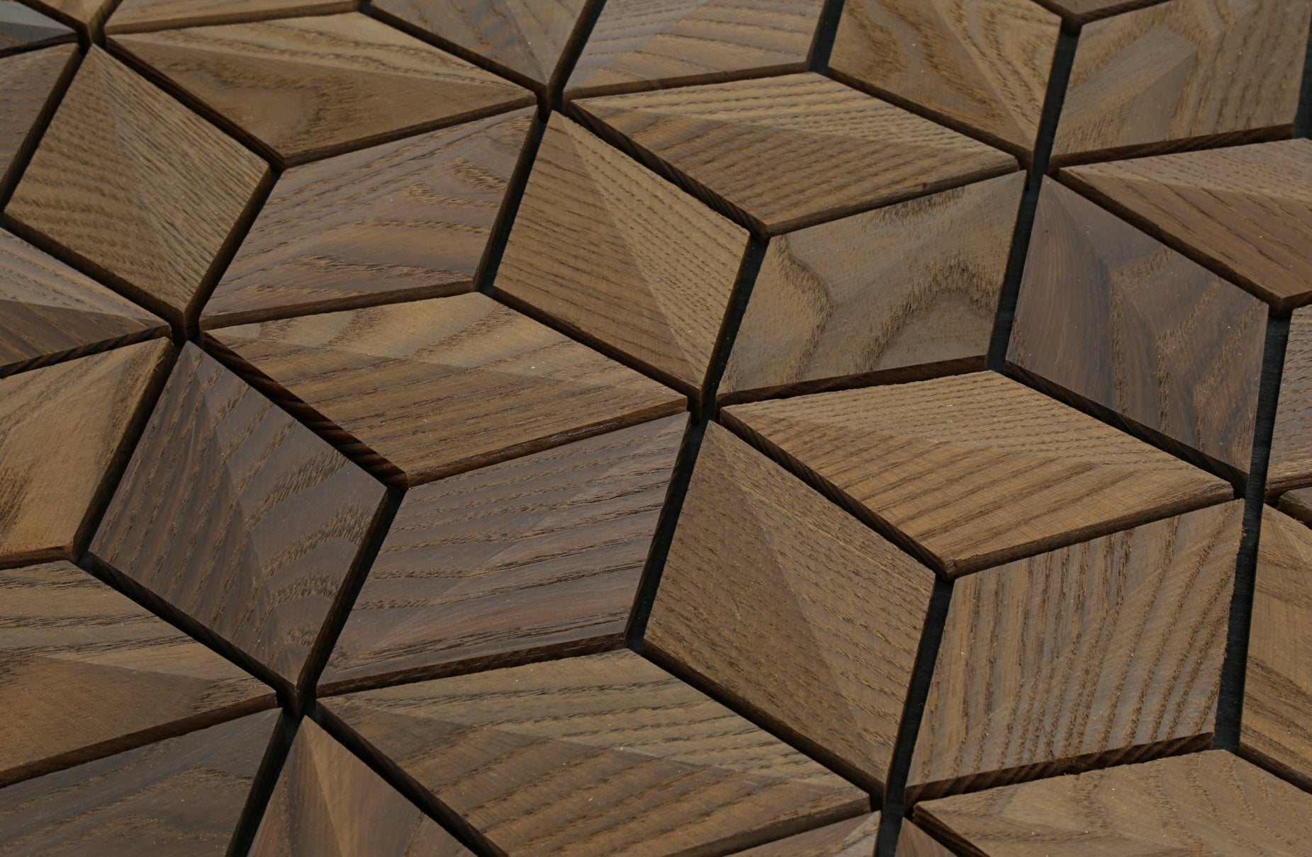 Close-up of a wooden mosaic with geometric patterns