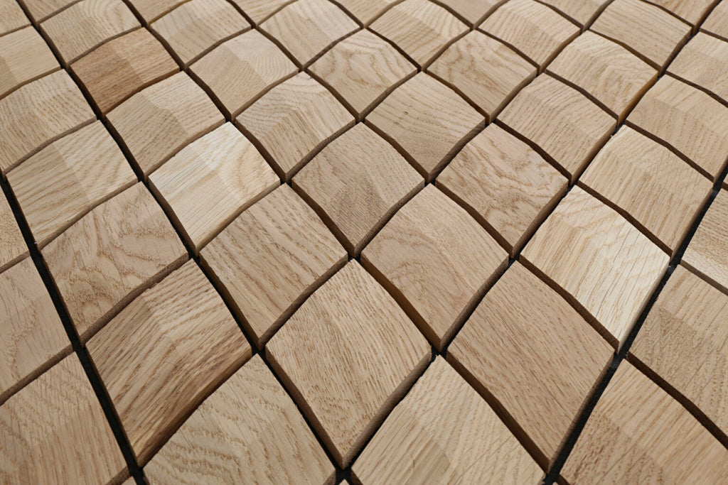 Close-up of wooden tiles arranged in a diamond pattern