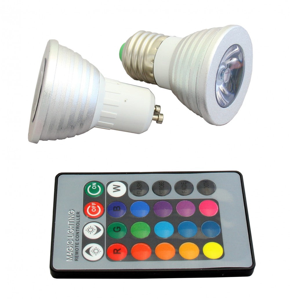 Two LED light bulbs with a remote control on a white background