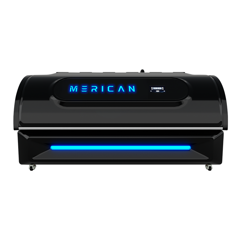 Black red light bed with blue digital display on a white background
