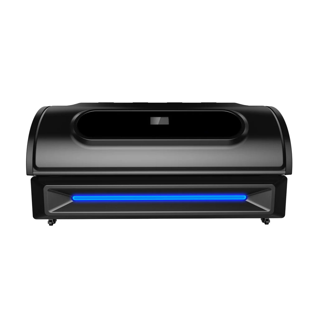 Black and gray red-light therapy bed with a blue light on a white background